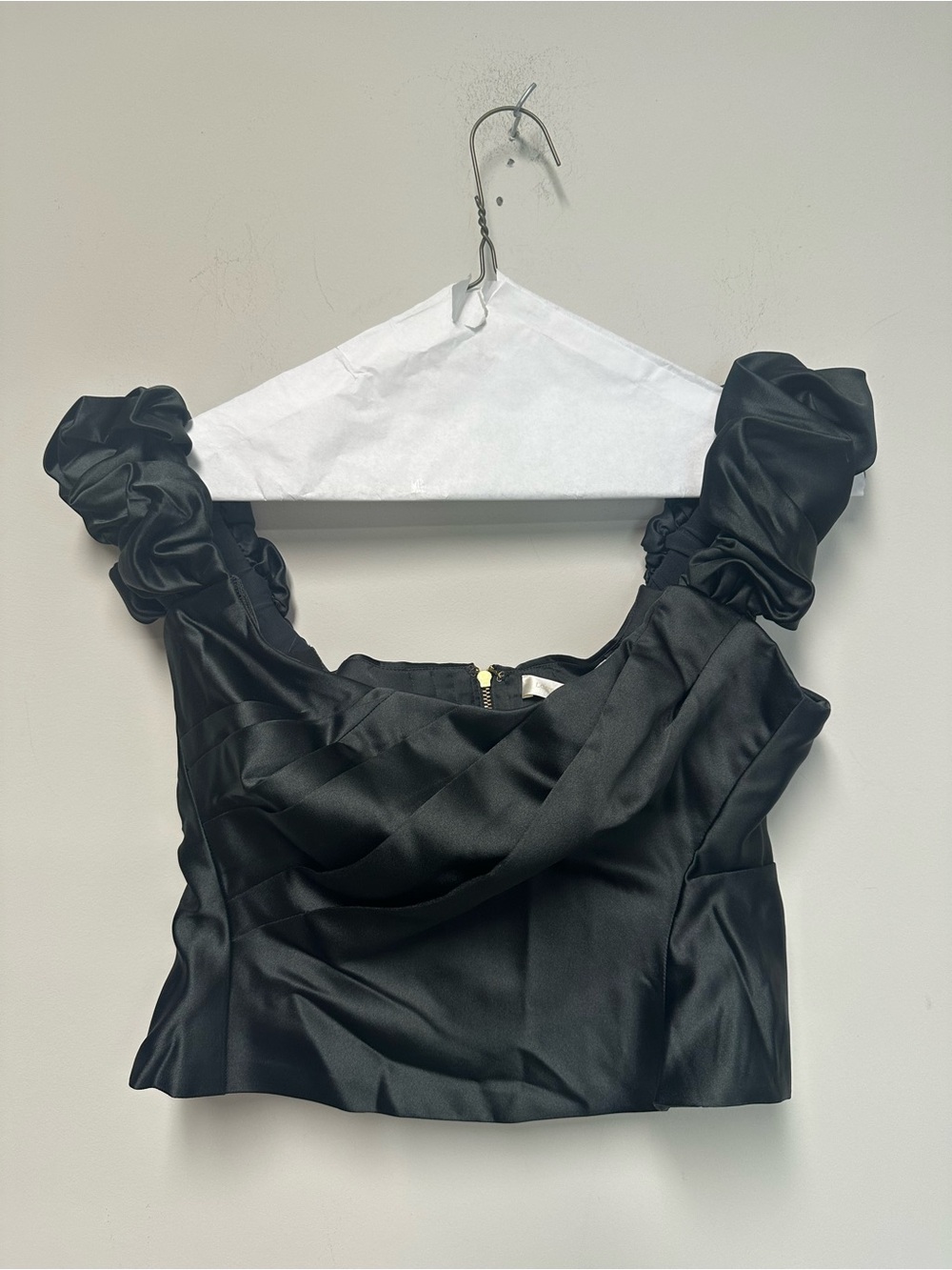 LoveShackFancy Black Satin Ruffle-Shoulder Crop Top
